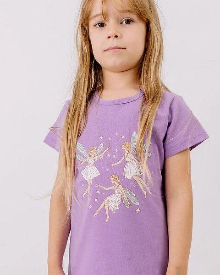 T-Shirt Lila/Flieder Feen platzierter Print Bio-Baumwolle GOTS Kurzarm – Walkiddy