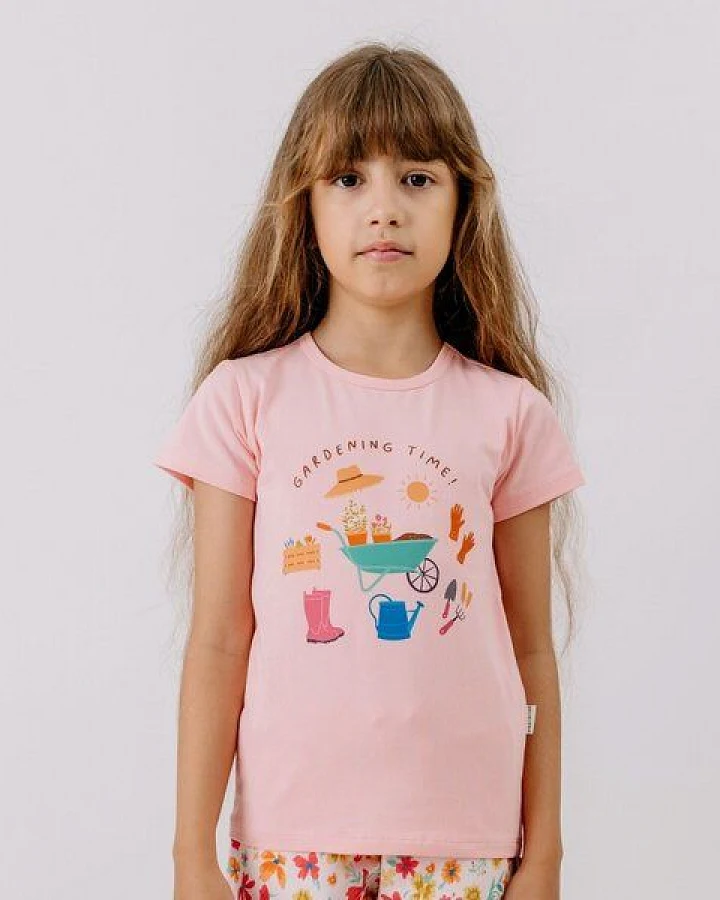 T-Shirt Rosa Gartenmotiv platzierter Print Bio-Baumwolle GOTS – Walkiddy