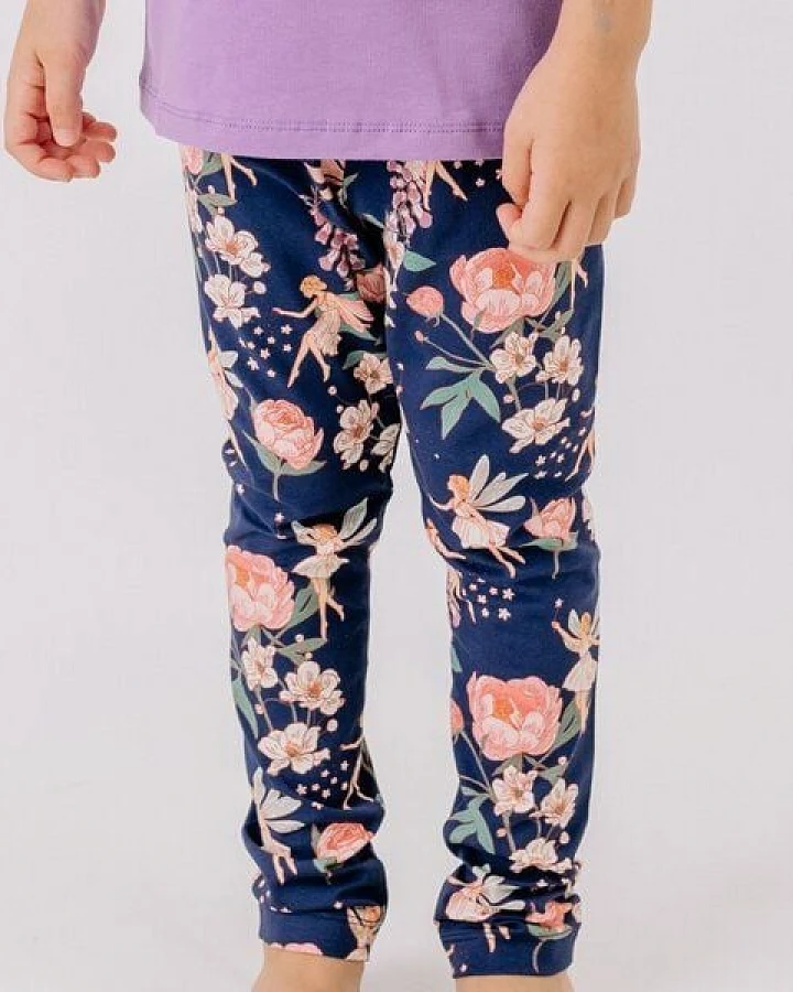Leggings Dunkelblau Blumen-Print Allover Bio-Baumwolle GOTS elastisch – Walkiddy