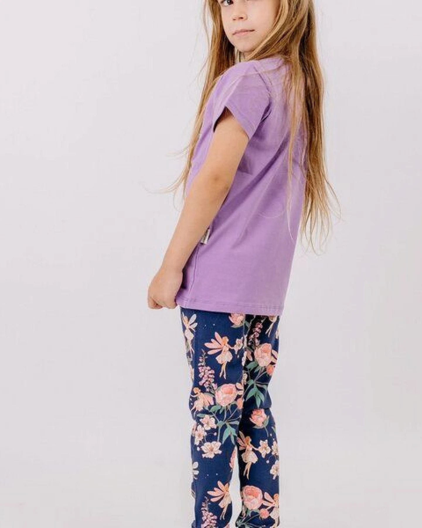 Leggings Dunkelblau Blumen-Print Allover Bio-Baumwolle GOTS elastisch – Walkiddy – Ansicht 3