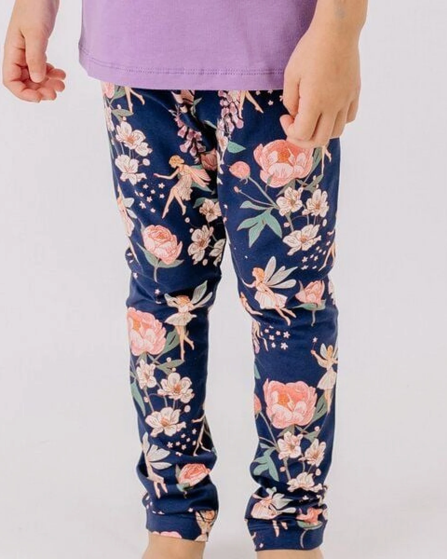 Leggings Dunkelblau Blumen-Print Allover Bio-Baumwolle GOTS elastisch – Walkiddy – Ansicht 2