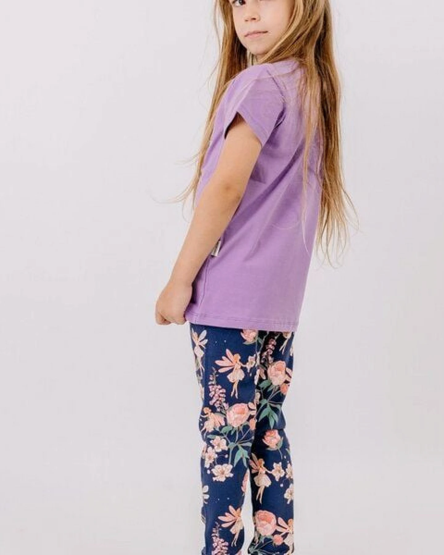 Leggings Dunkelblau Blumen-Print Allover Bio-Baumwolle GOTS elastisch – Walkiddy – Ansicht 3