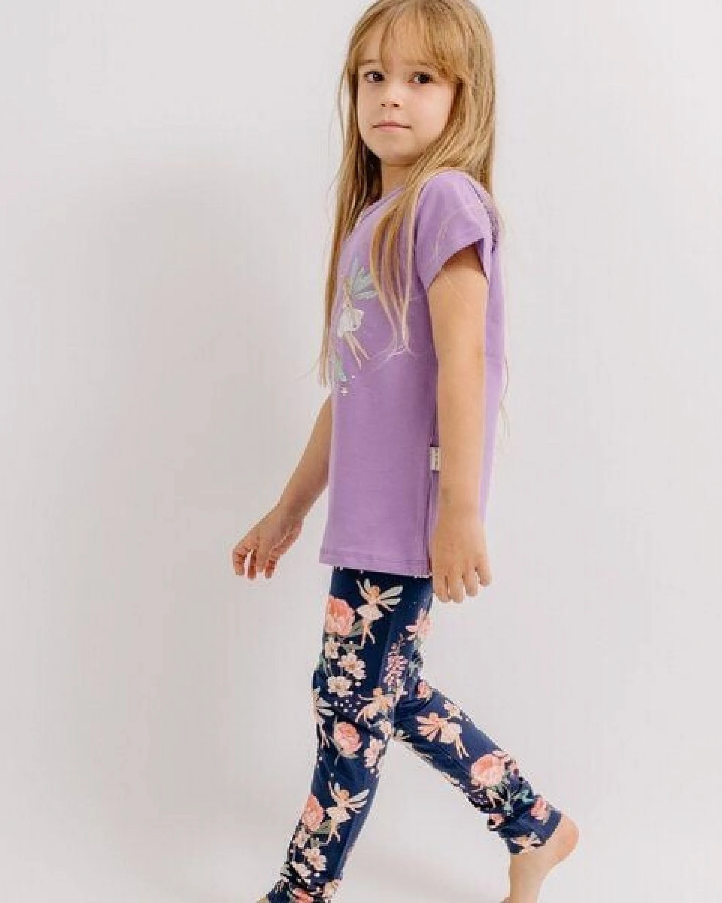 Leggings Dunkelblau Blumen-Print Allover Bio-Baumwolle GOTS elastisch – Walkiddy – Ansicht 4