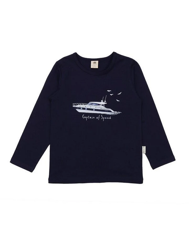 Langarmshirt Dunkelblau Marine Adventures Yacht-Frontprint Bio-Baumwolle GOTS – Walkiddy