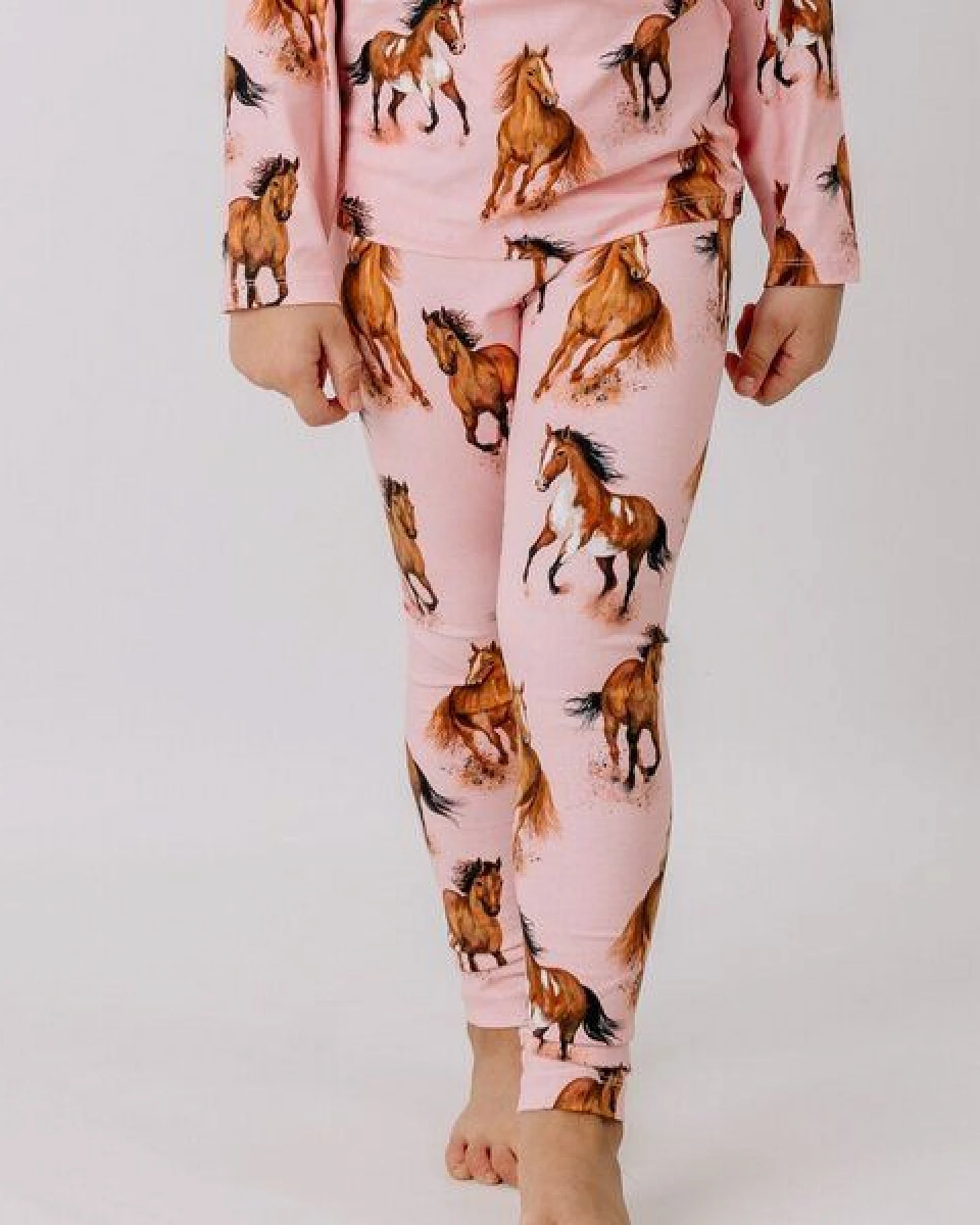Leggings Rosa Pferde-Print Allover Bio-Baumwolle GOTS elastisch – Walkiddy – Ansicht 2