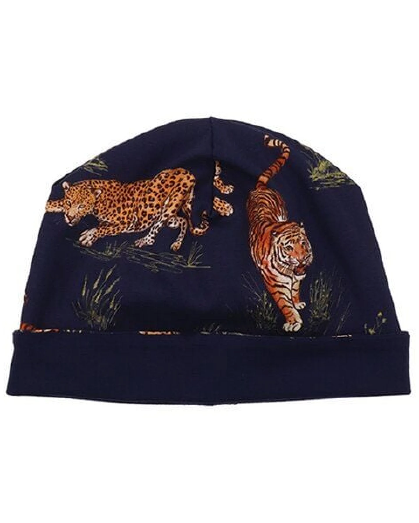 Beanie Dunkelblau Tiger & Leopard Allover Bio-Baumwolle GOTS weich – Walkiddy – Ansicht 4