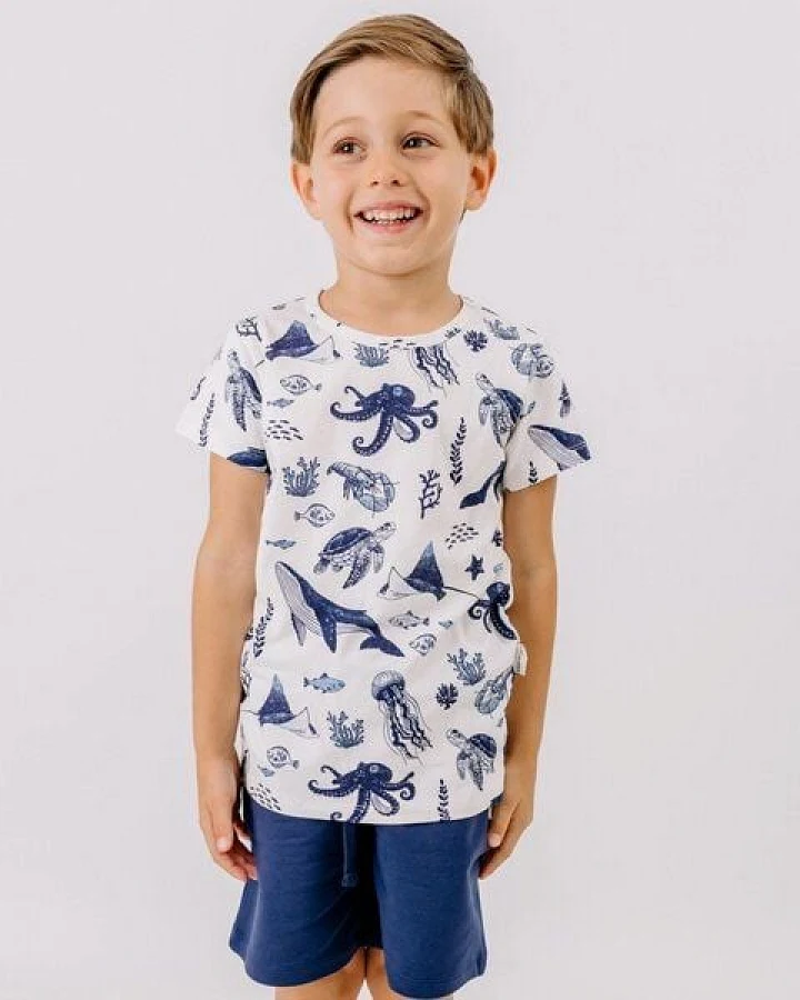 Produktseite: T-Shirt Weiß Wal & Meerestiere Allover Bio-Baumwolle GOTS Kurzarm – Walkiddy
