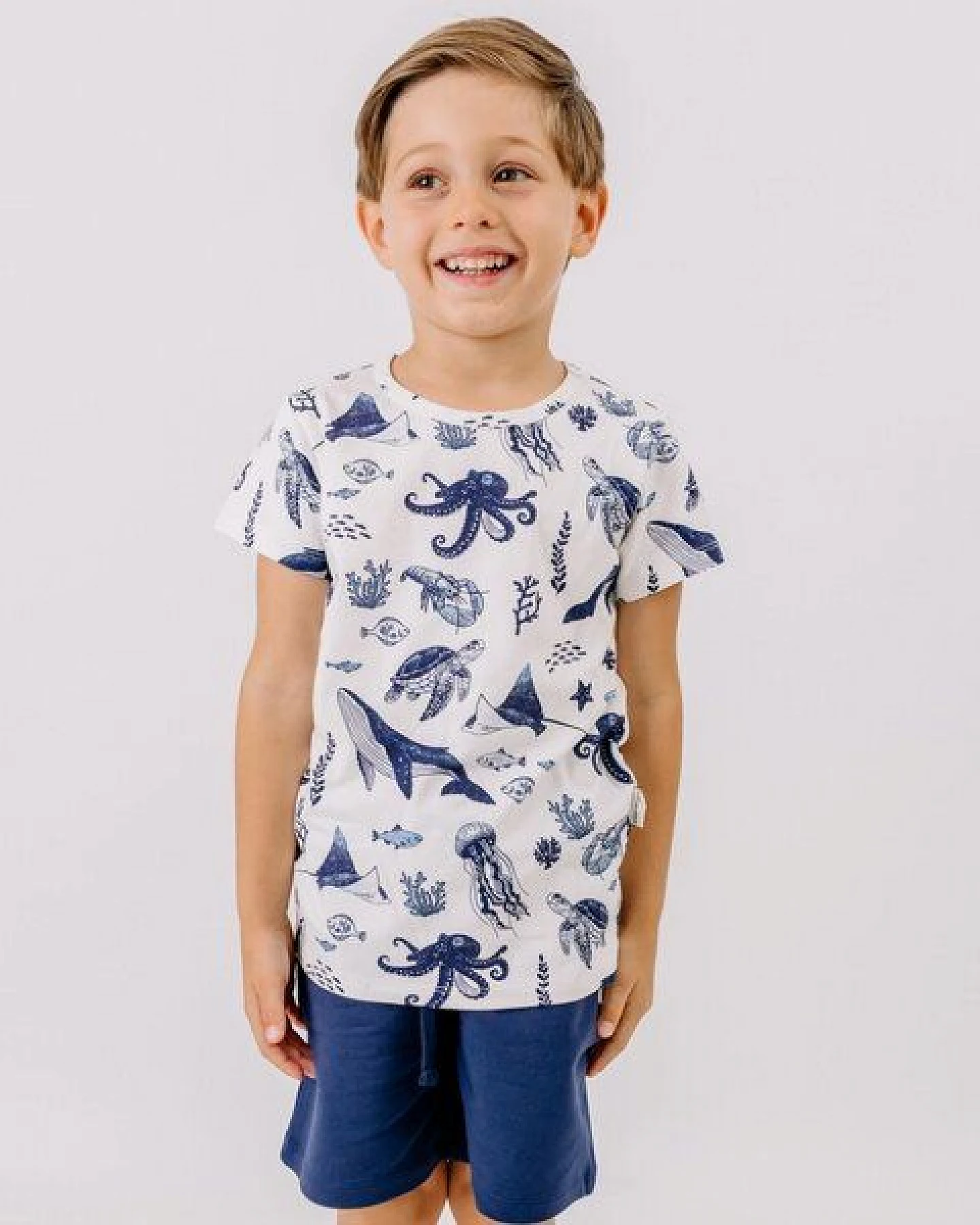 T-Shirt Weiß Wal & Meerestiere Allover Bio-Baumwolle GOTS Kurzarm – Walkiddy – Ansicht 2