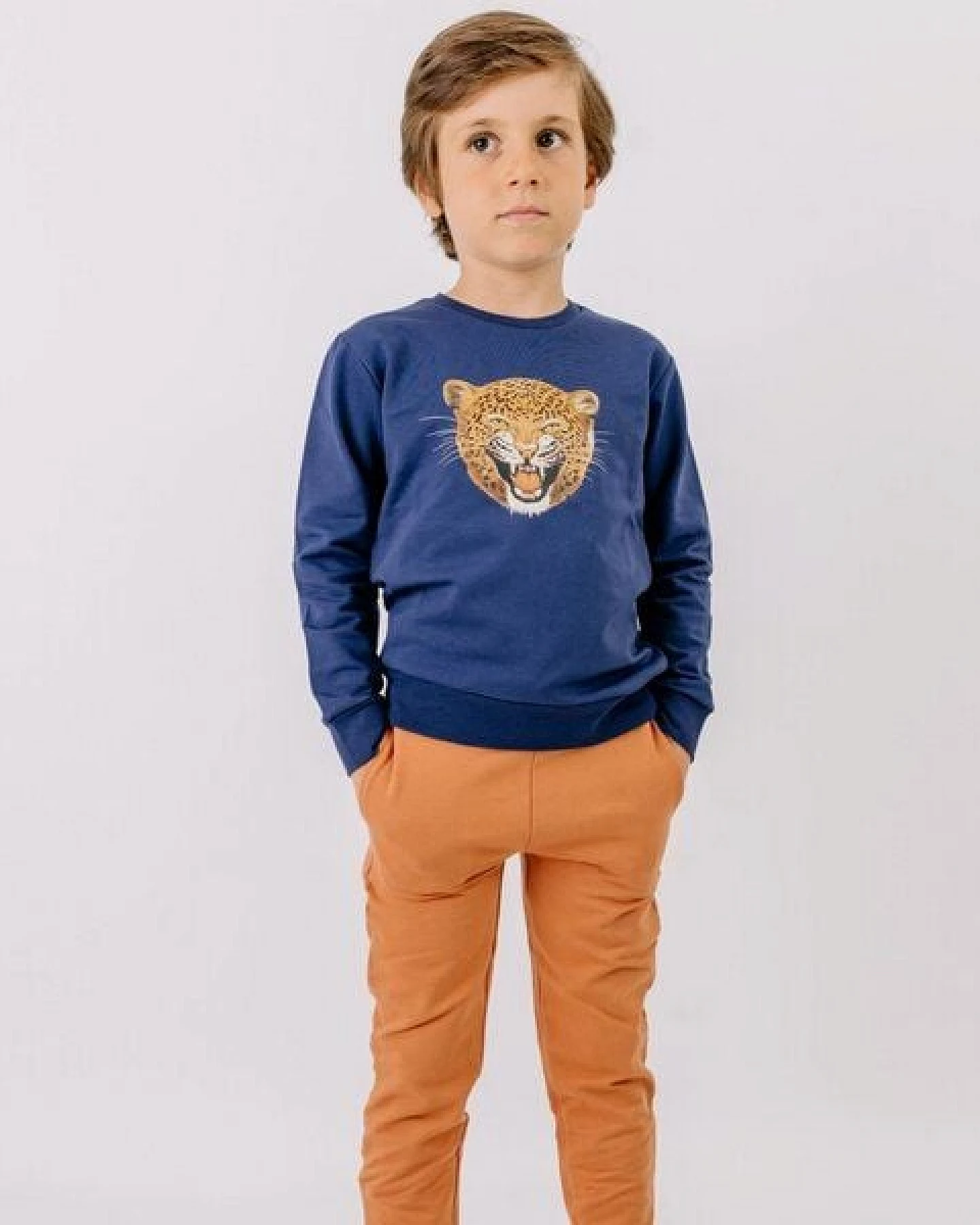 Sweatshirt Blau Leoparden-Kopf platzierter Print Bio-Baumwolle GOTS – Walkiddy – Ansicht 3