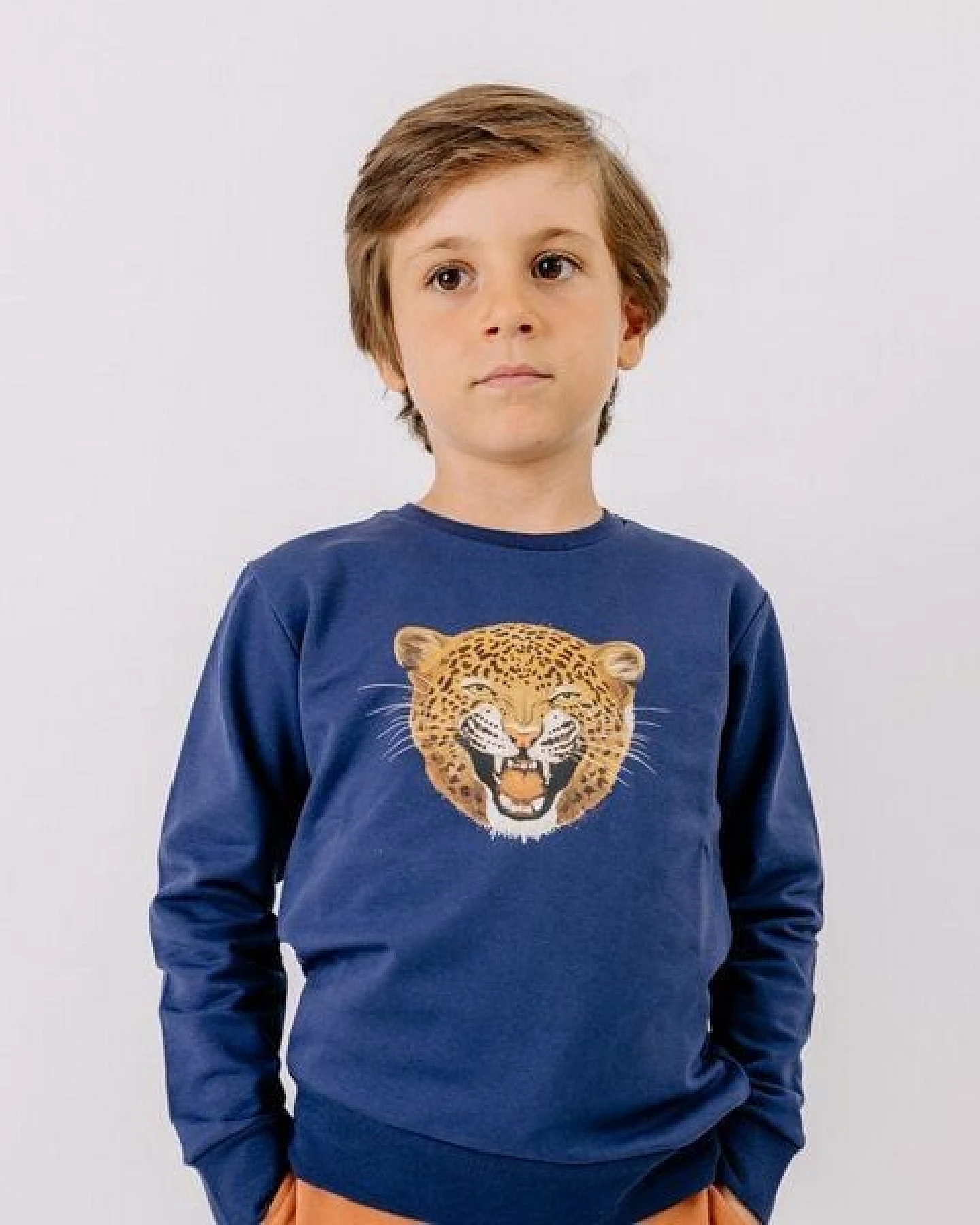 Sweatshirt Blau Leoparden-Kopf platzierter Print Bio-Baumwolle GOTS – Walkiddy – Ansicht 2
