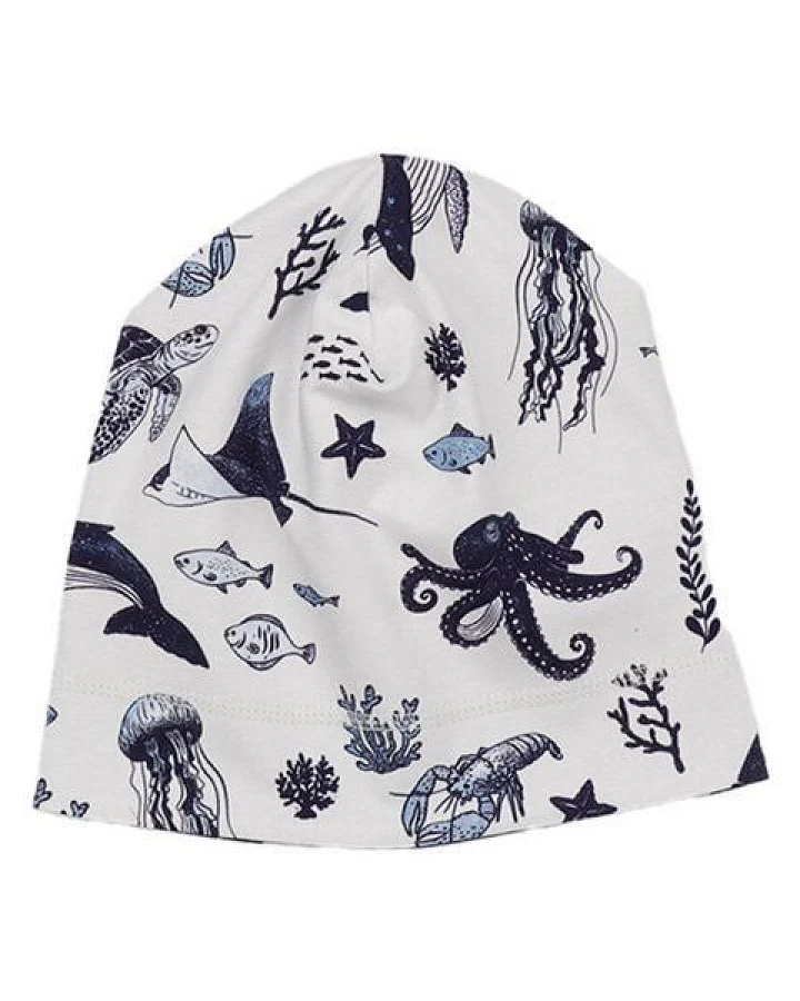 Beanie Weiß Wal & Meerestiere Allover Bio-Baumwolle GOTS weich – Walkiddy