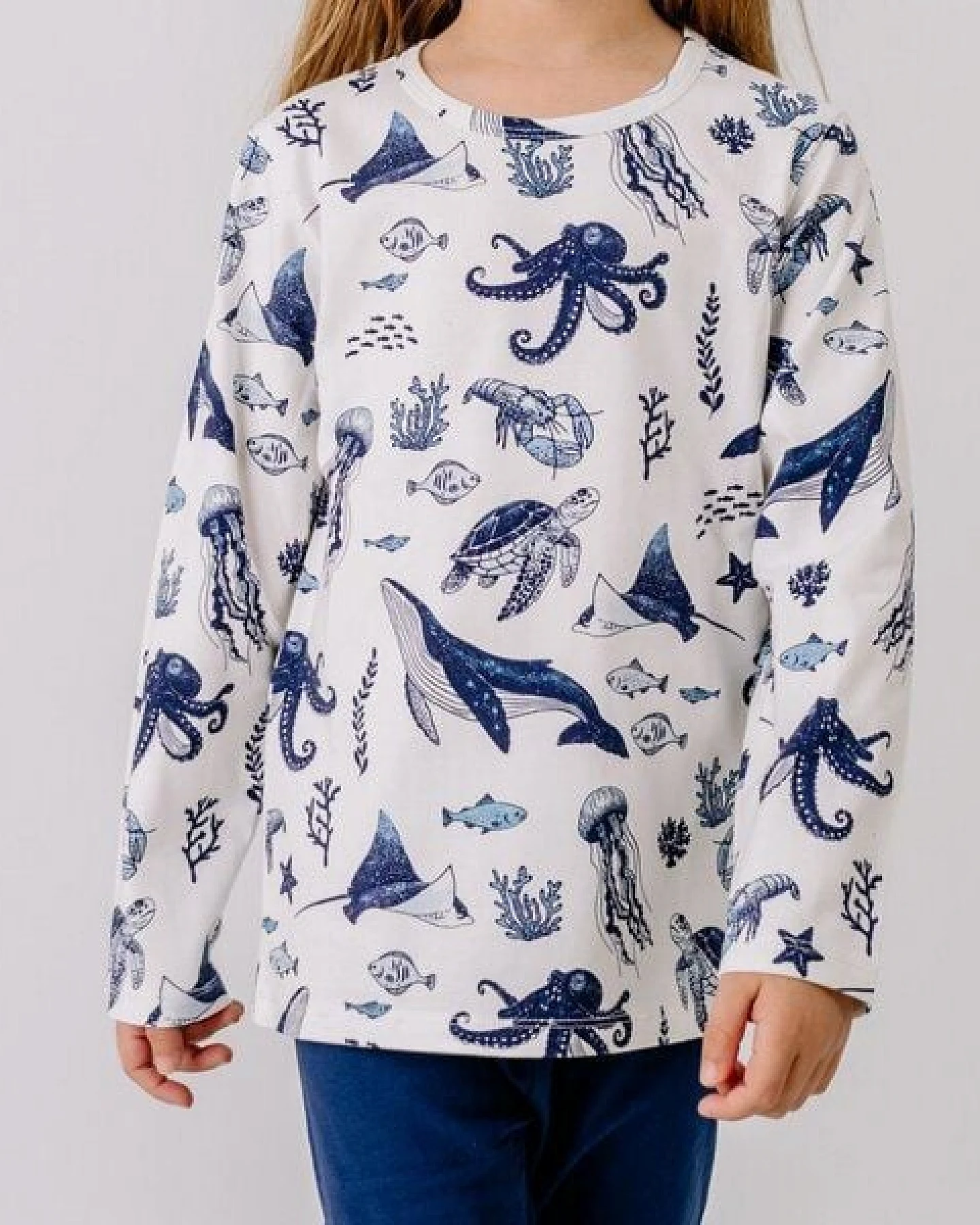 Langarmshirt Weiß Wal-Print Allover Bio-Baumwolle GOTS – Walkiddy – Ansicht 3