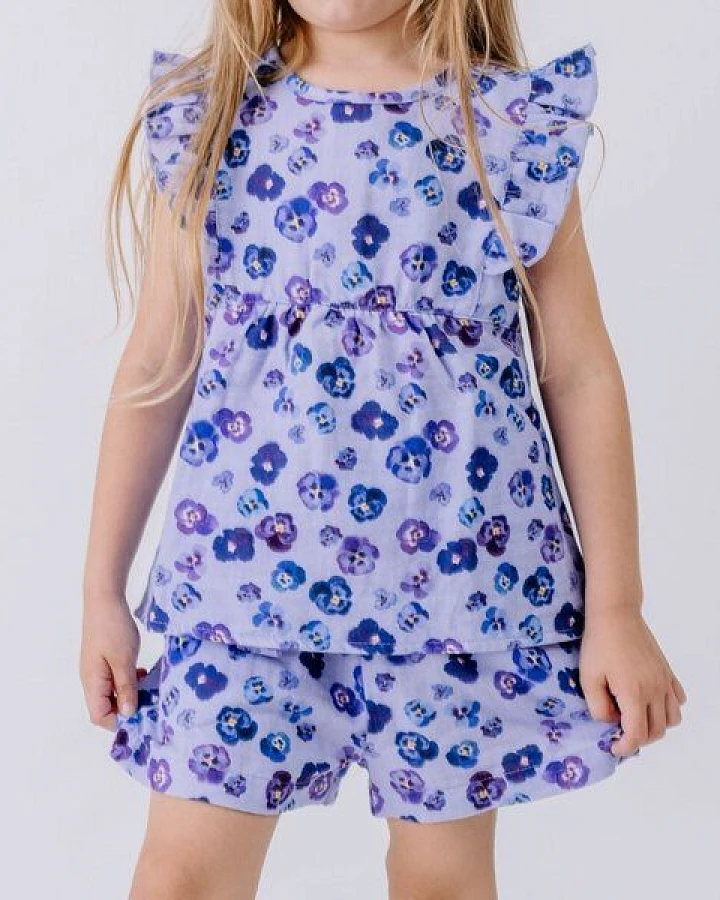 Shorts Flieder Stiefmütterchen Allover Musselin Bio-Baumwolle GOTS – Walkiddy