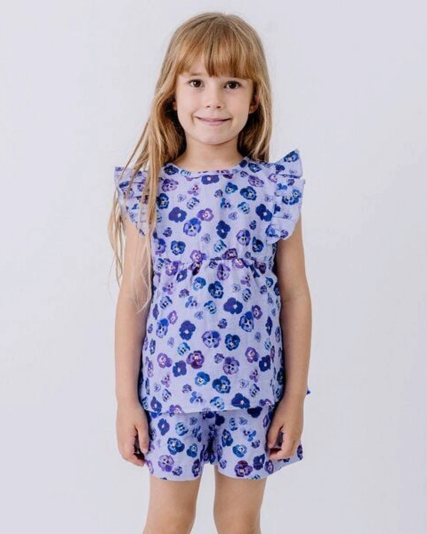 Shorts Flieder Stiefmütterchen Allover Musselin Bio-Baumwolle GOTS – Walkiddy – Ansicht 3