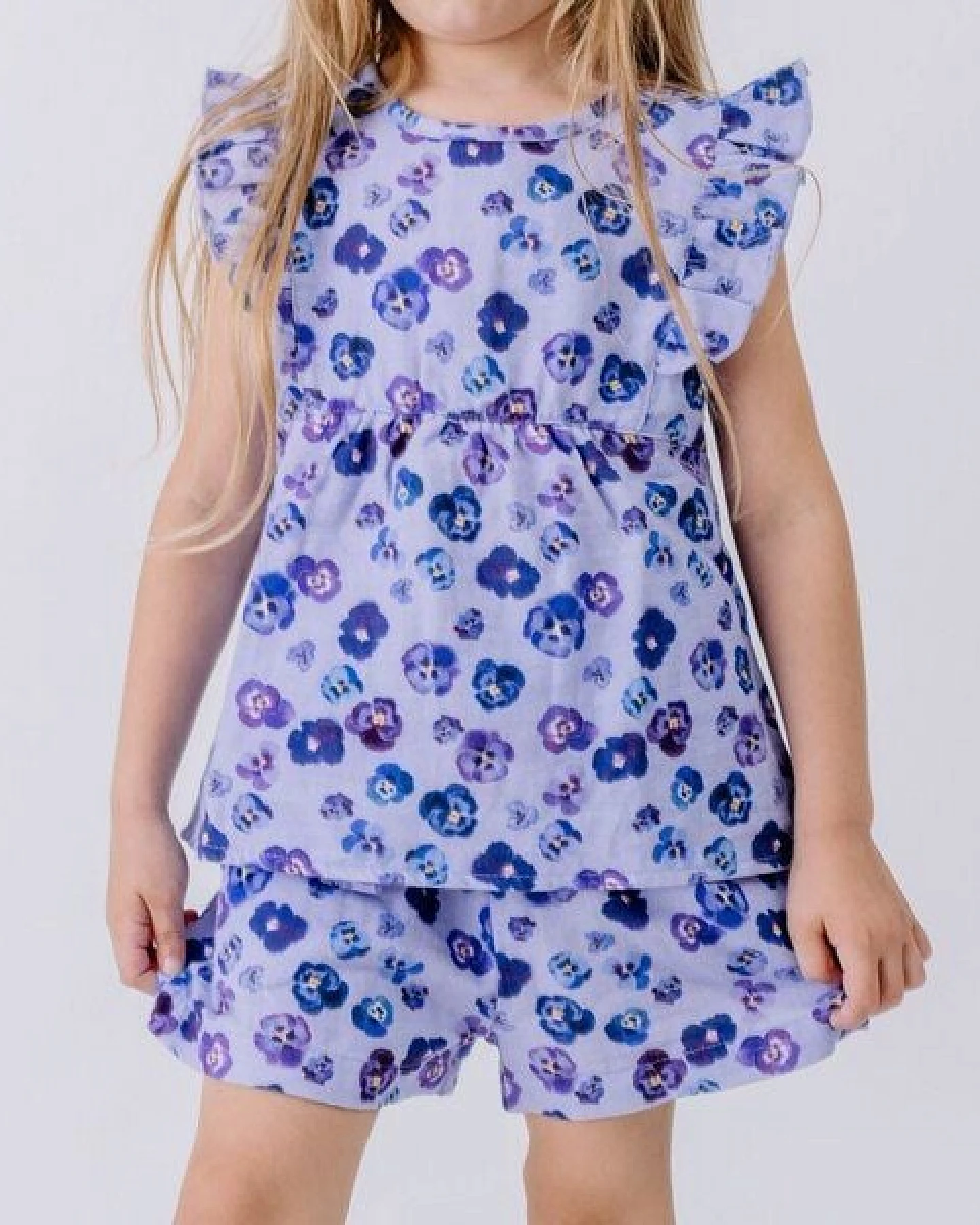 Shorts Flieder Stiefmütterchen Allover Musselin Bio-Baumwolle GOTS – Walkiddy – Ansicht 2
