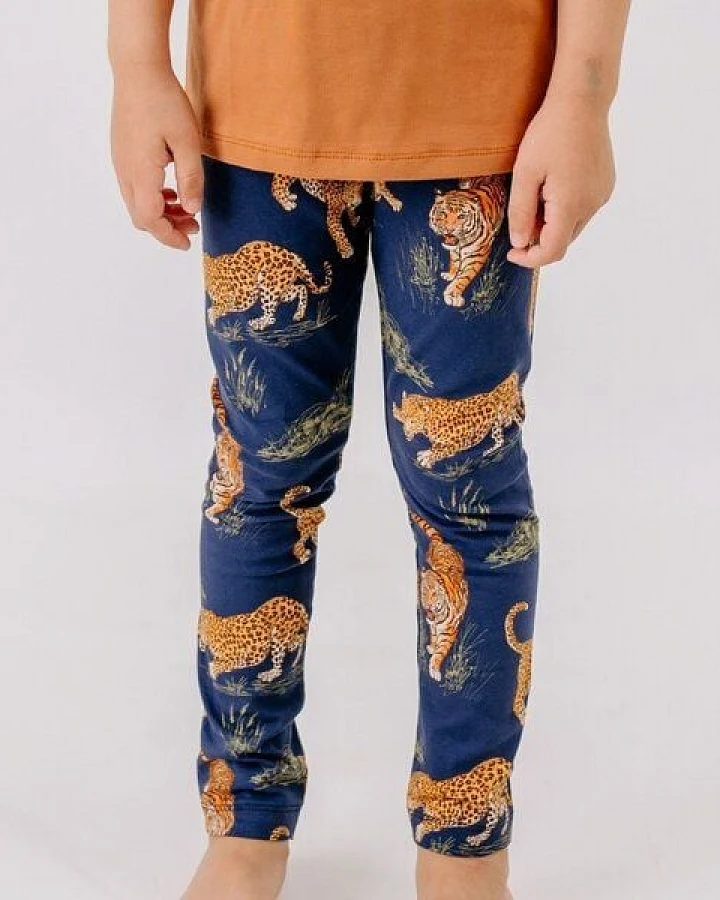 Leggings Dunkelblau Tiger & Leopard Allover Bio-Baumwolle GOTS elastisch – Walkiddy