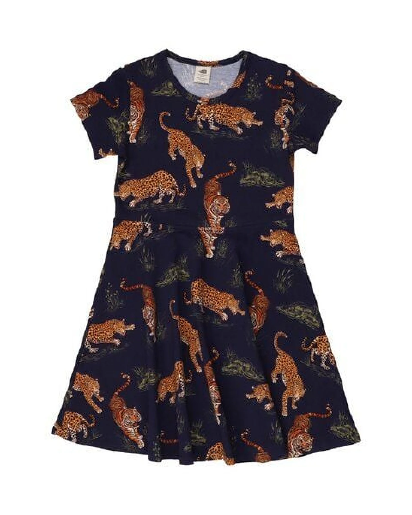 Sommerkleid Dunkelblau Tiger & Leopard Allover Bio-Baumwolle GOTS Kurzarm – Walkiddy – Ansicht 3