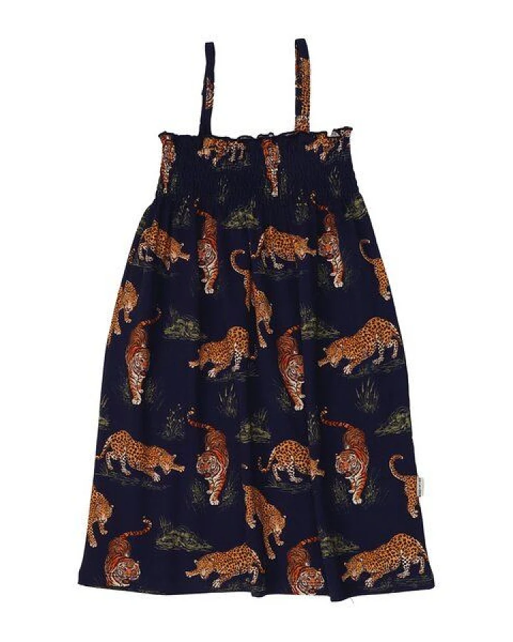 Trägerkleid Dunkelblau Tiger & Leopard Allover Bio-Baumwolle GOTS – Walkiddy