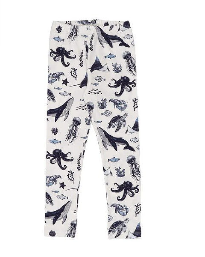 Leggings Weiß Wal-Print Allover Bio-Baumwolle GOTS elastisch – Walkiddy