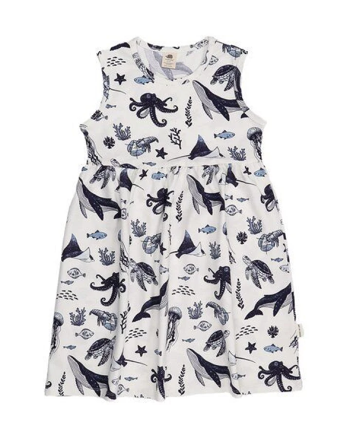 Sommerkleid ärmellos Weiß Wal-Print Allover Bio-Baumwolle GOTS – Walkiddy