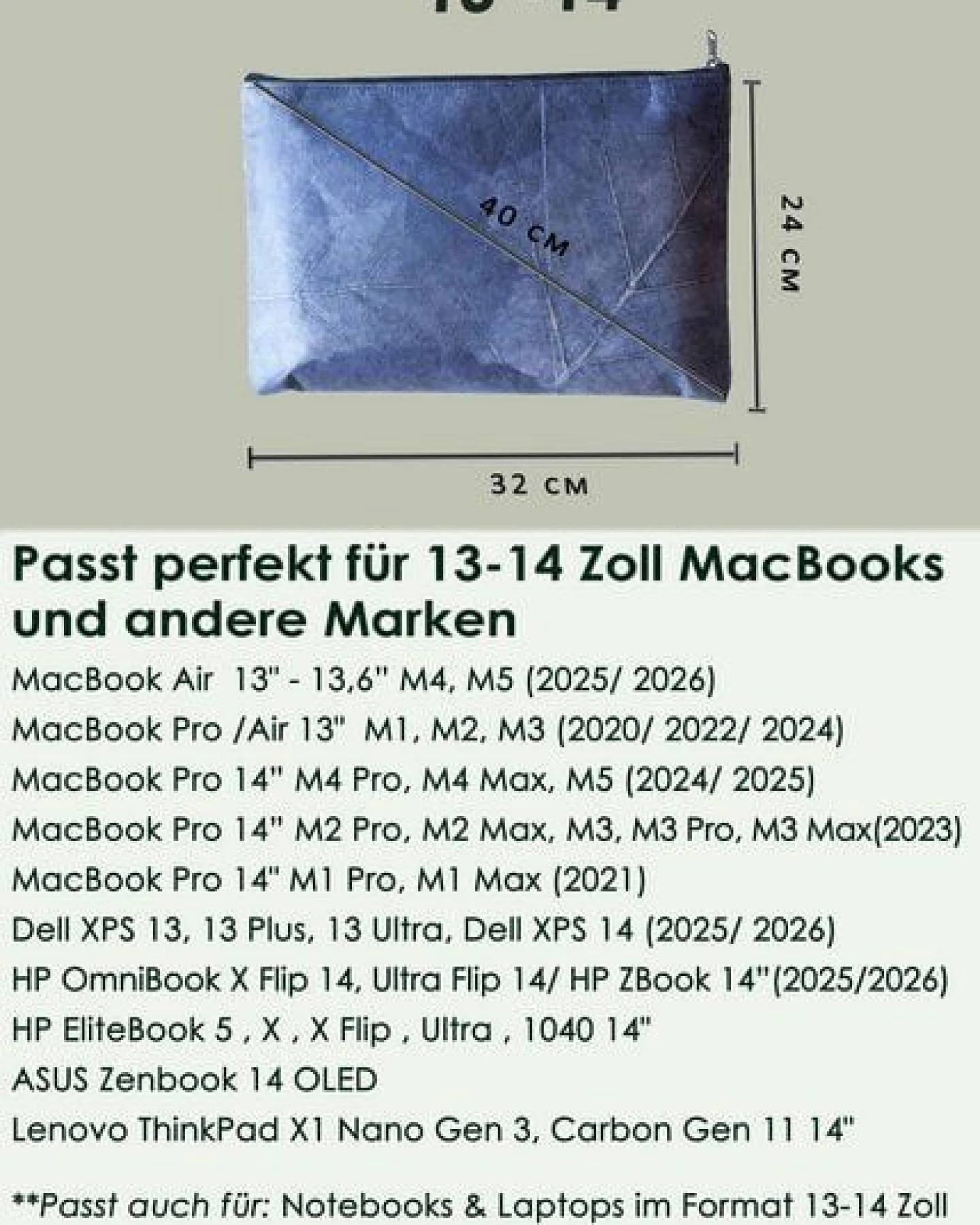 BY COPALA Gefütterte nachhaltige Laptop Hülle 13–14 Zoll aus Blattleder – Handgenähte vegane Laptoptasche, wasserabweisendes Laptop Case, Unikat für MacBook Air & Pro in Marineblau – Ansicht 3