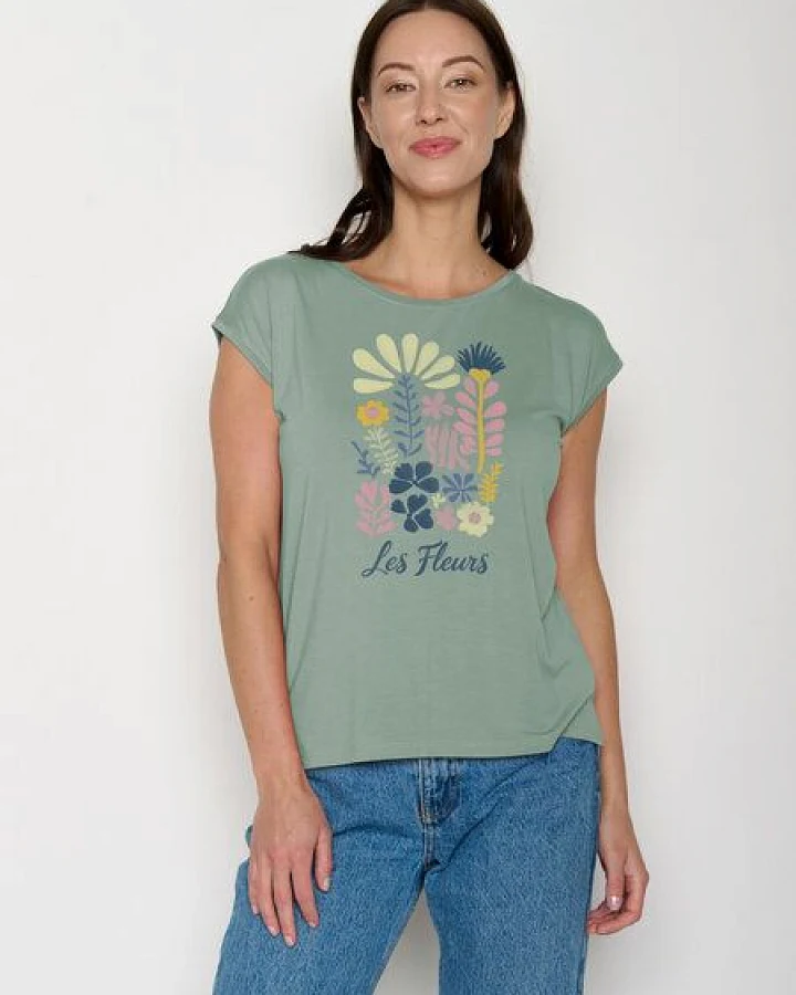 GREENBOMB Les Fleurs Timid - Lässiges Shirt aus LENZING TENCEL Mix / hochwertiger Print / Fair & Vegan
