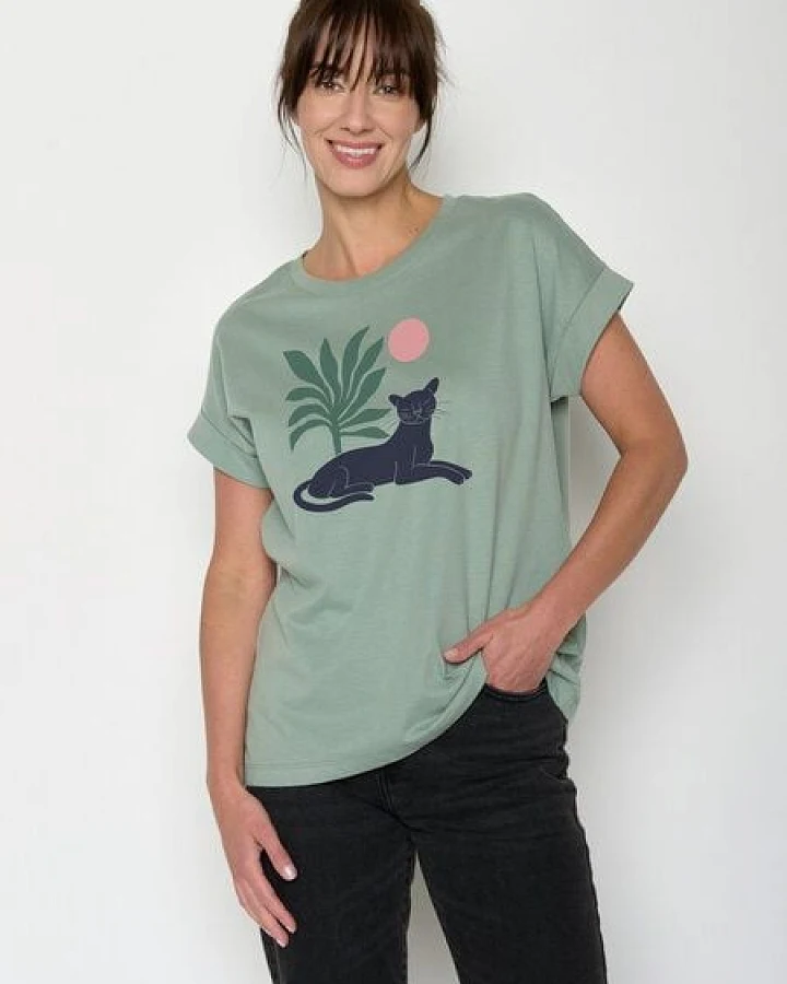 GREENBOMB Panther Leaves Loony - Sportliches T-Shirt aus Bio-Baumwolle mit Rollup Sleeve / hochwertiger Print / GOTS / Fair & Vegan