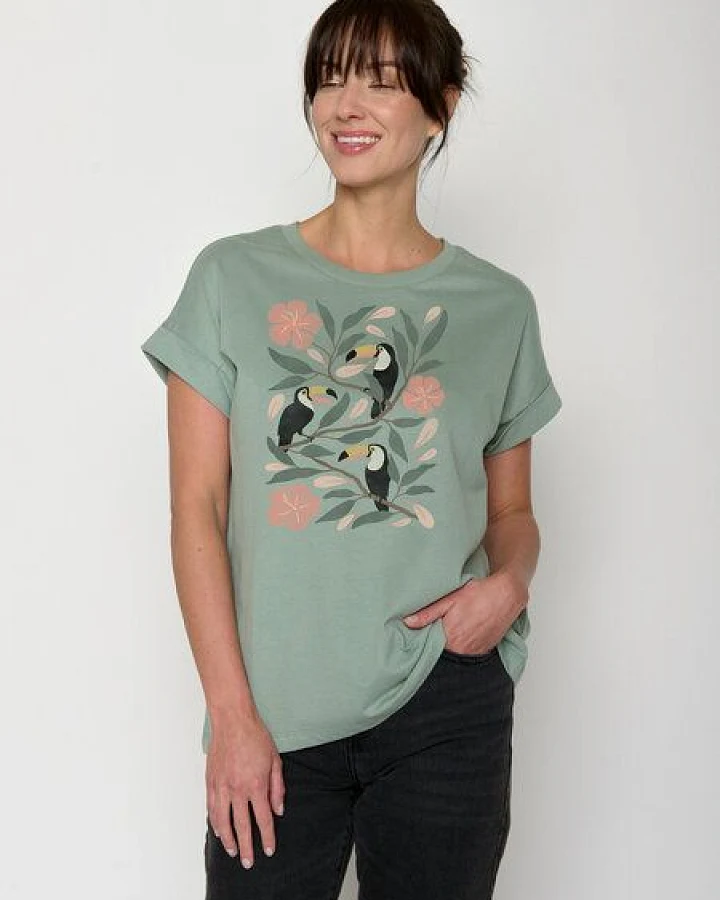GREENBOMB Tucan Flower Loony - Sportliches T-Shirt aus Bio-Baumwolle mit Rollup Sleeve / hochwertiger Print / GOTS / Fair & Vegan