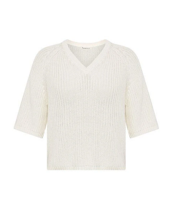 KnowledgeCotton Apparel Leichter Kurzarm Pullover mit V-Ausschnitt aus Bio-Baumwolle