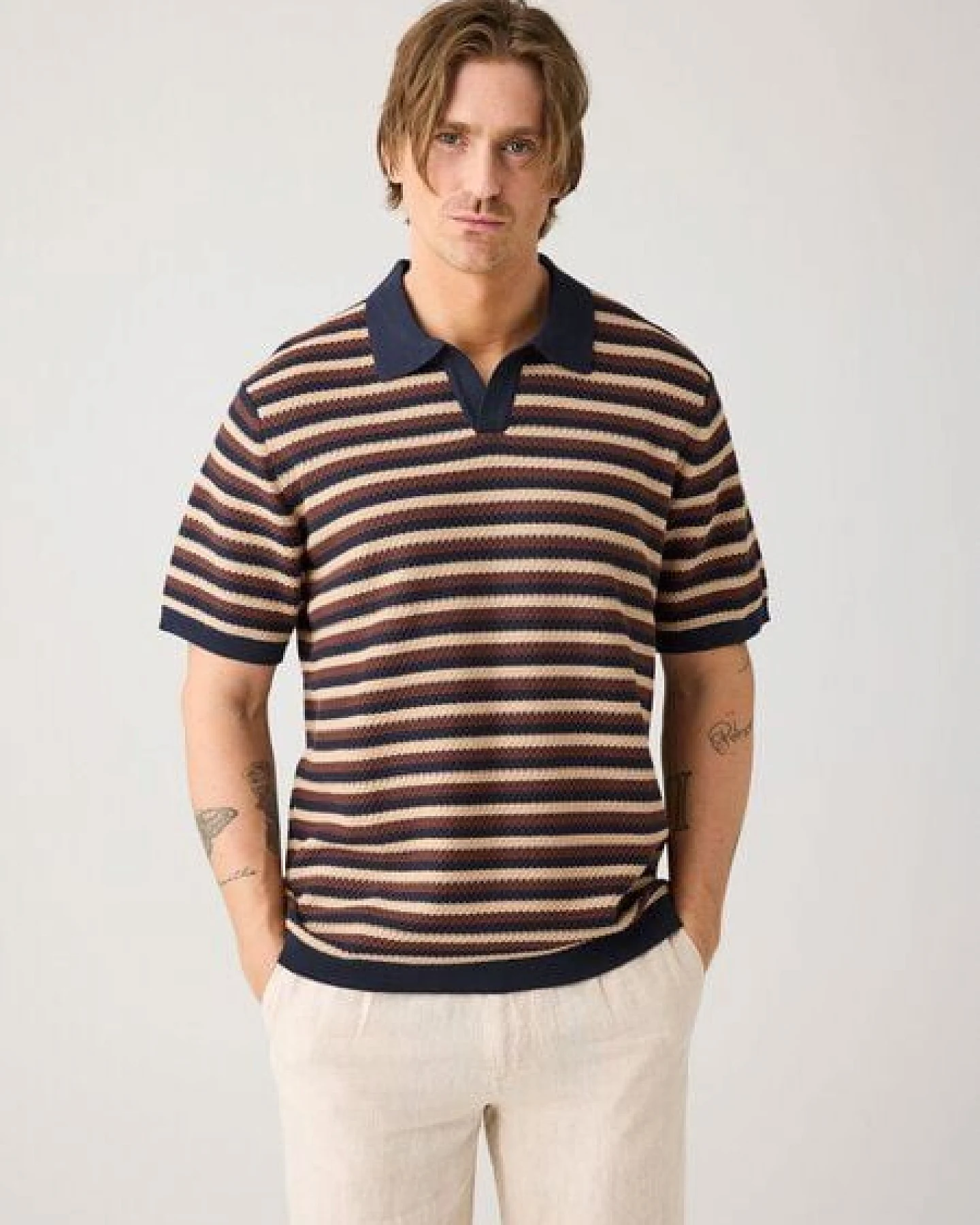 KnowledgeCotton Apparel Gestricktes Poloshirt mit Streifen aus Bio-Baumwolle – Ansicht 2
