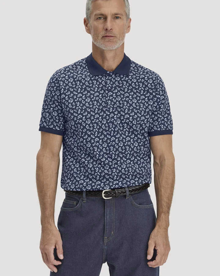hessnatur Herren Print Piqué Polo Relaxed aus Bio-Baumwolle - blau - Größe 46
