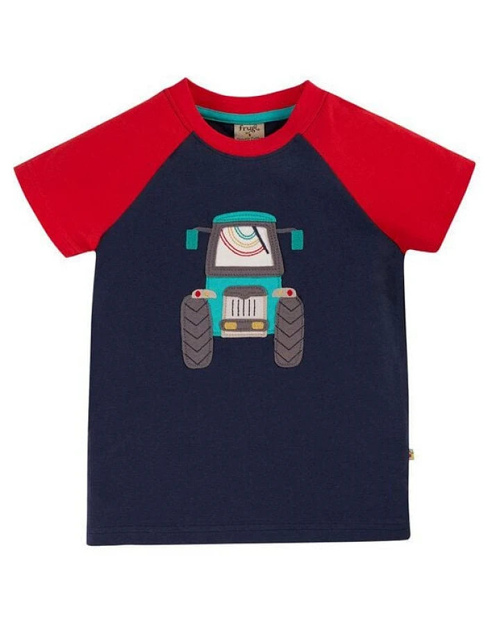 Frugi T-Shirt Traktor in blau-rot Rafe Raglan T-Shirt