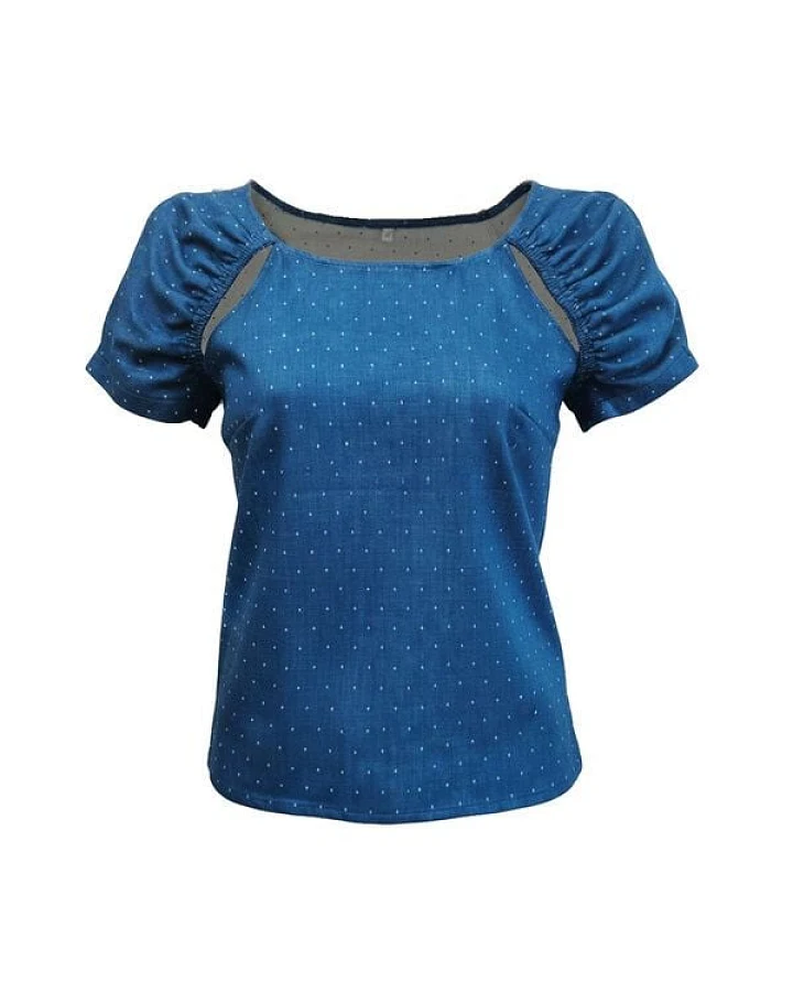 körber mode Bio Bluse blau Dots Cut Outs Kurzarm Jacquard marine