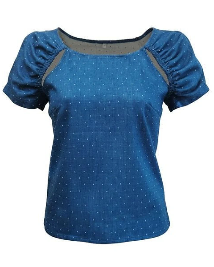 körber mode Bio Bluse blau Dots Cut Outs Kurzarm Jacquard marine
