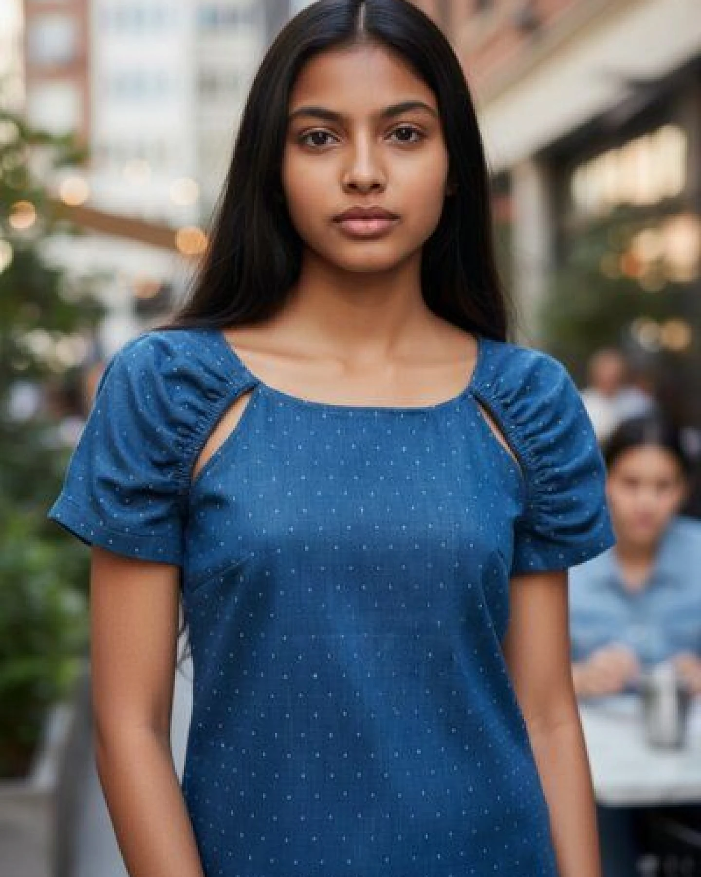 körber mode Bio Bluse blau Dots Cut Outs Kurzarm Jacquard marine – Ansicht 2