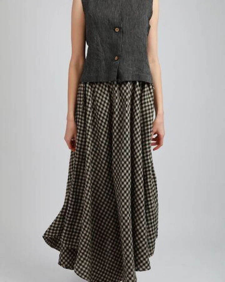 KNOTIUM POPPY Maxi-Leinenrock im Karomuster mit Tellerrockschnitt und Taschen
