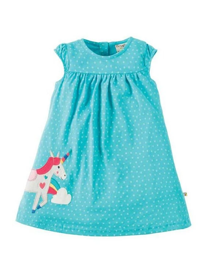 Frugi Jersey-Sommerkleid mit Einhorn-Applikation in türkis mit Punkten