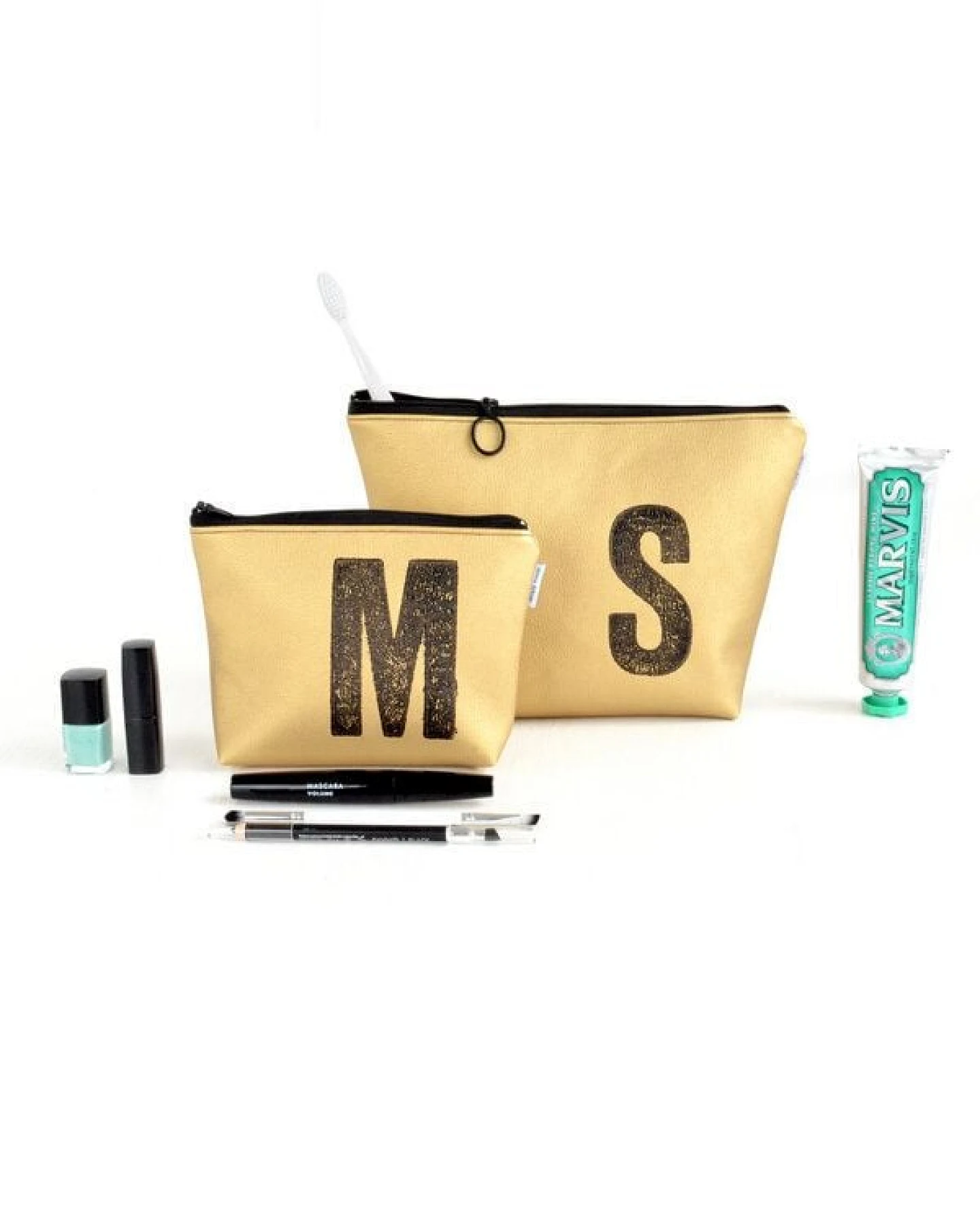 renna deluxe Kulturtasche und Kosmetiktasche personalisiert mit Monogramm GOLD – Ansicht 3