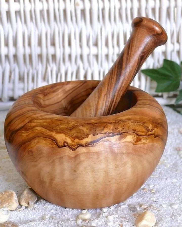 Olivenholz erleben Mörser RUND inkl. Stößel (ca. 12 cm) aus Olivenholz