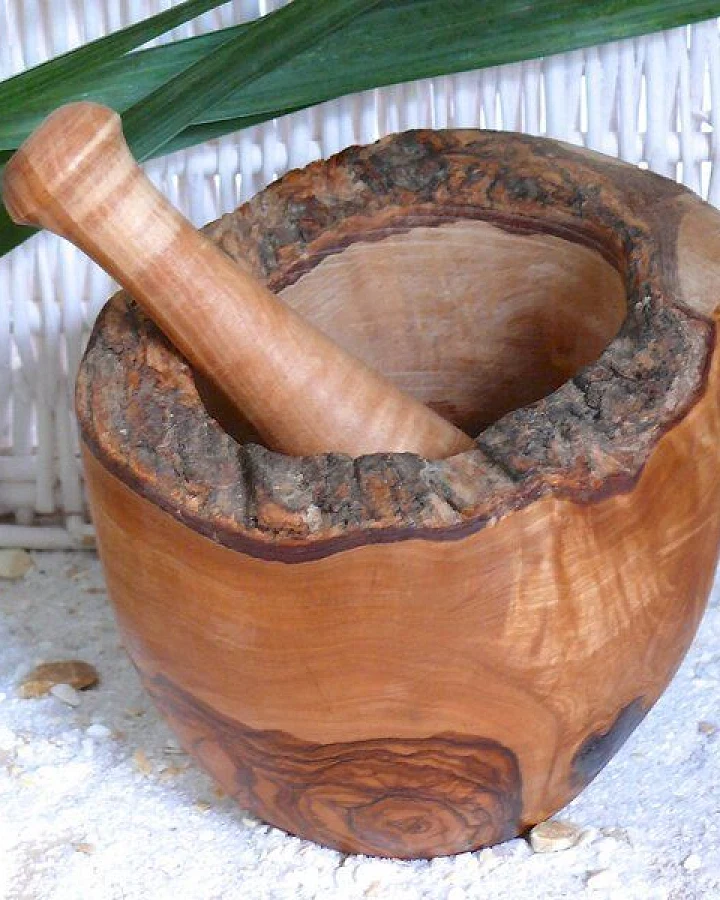 Olivenholz erleben Mörser RUSTIKAL inkl. Stößel (ca. 14 cm) aus Olivenholz