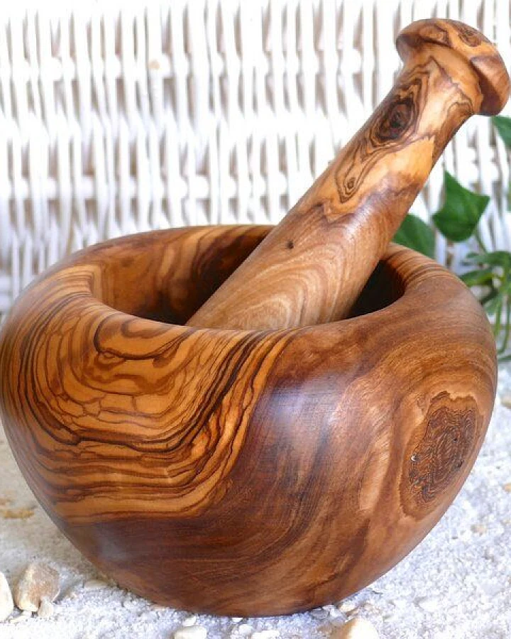 Olivenholz erleben Mörser RUND inkl. Stößel (ca. 14 cm) aus Olivenholz