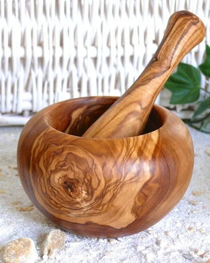 Olivenholz erleben Mörser RUND inkl. Stößel (ca. 10 cm) aus Olivenholz