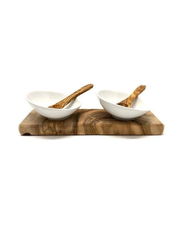 Olivenholz erleben Dipschalenset DESIGN Porzellan schräg inkl. 2 Löffel aus Olivenholz