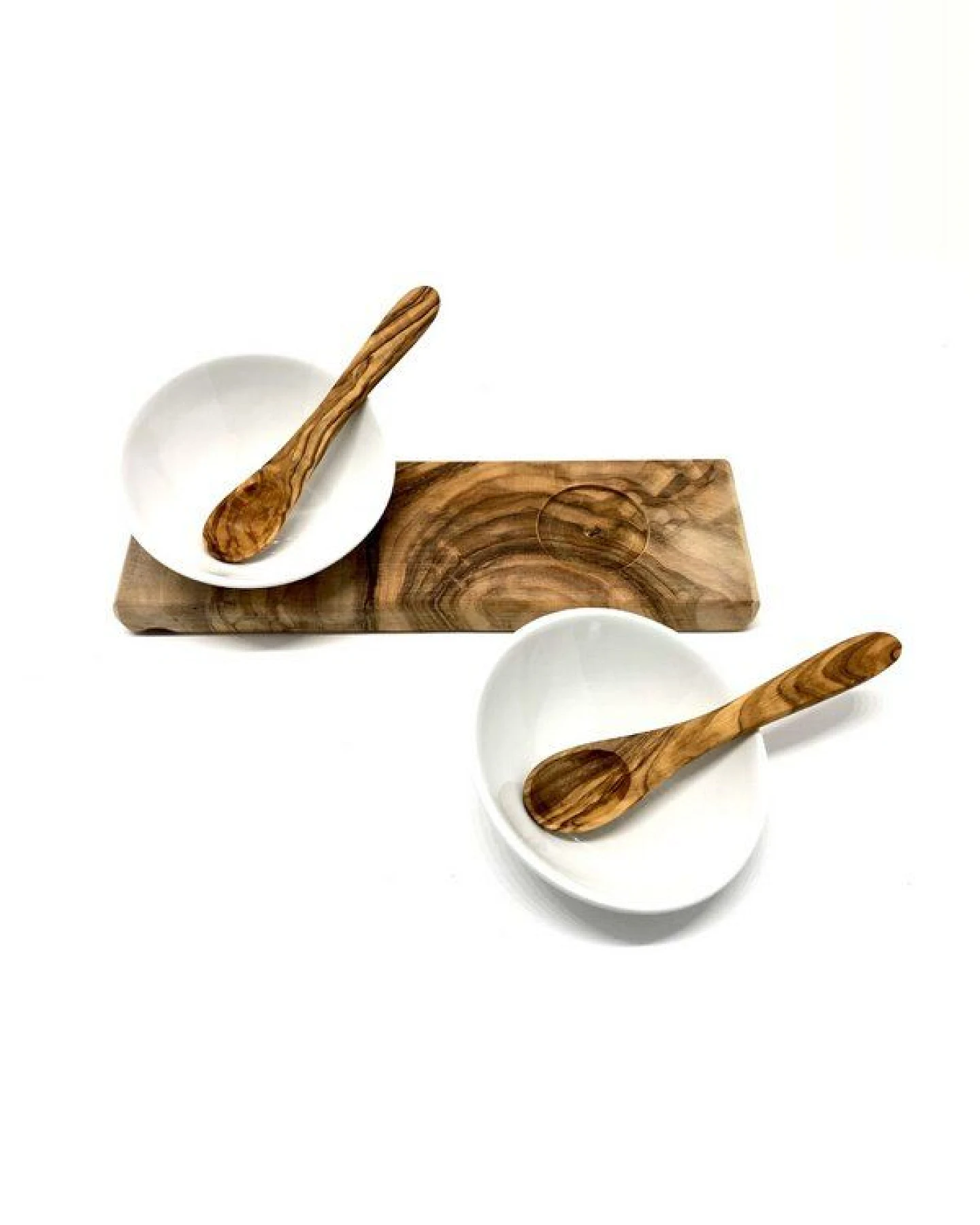 Olivenholz erleben Dipschalenset DESIGN Porzellan schräg inkl. 2 Löffel aus Olivenholz – Ansicht 3