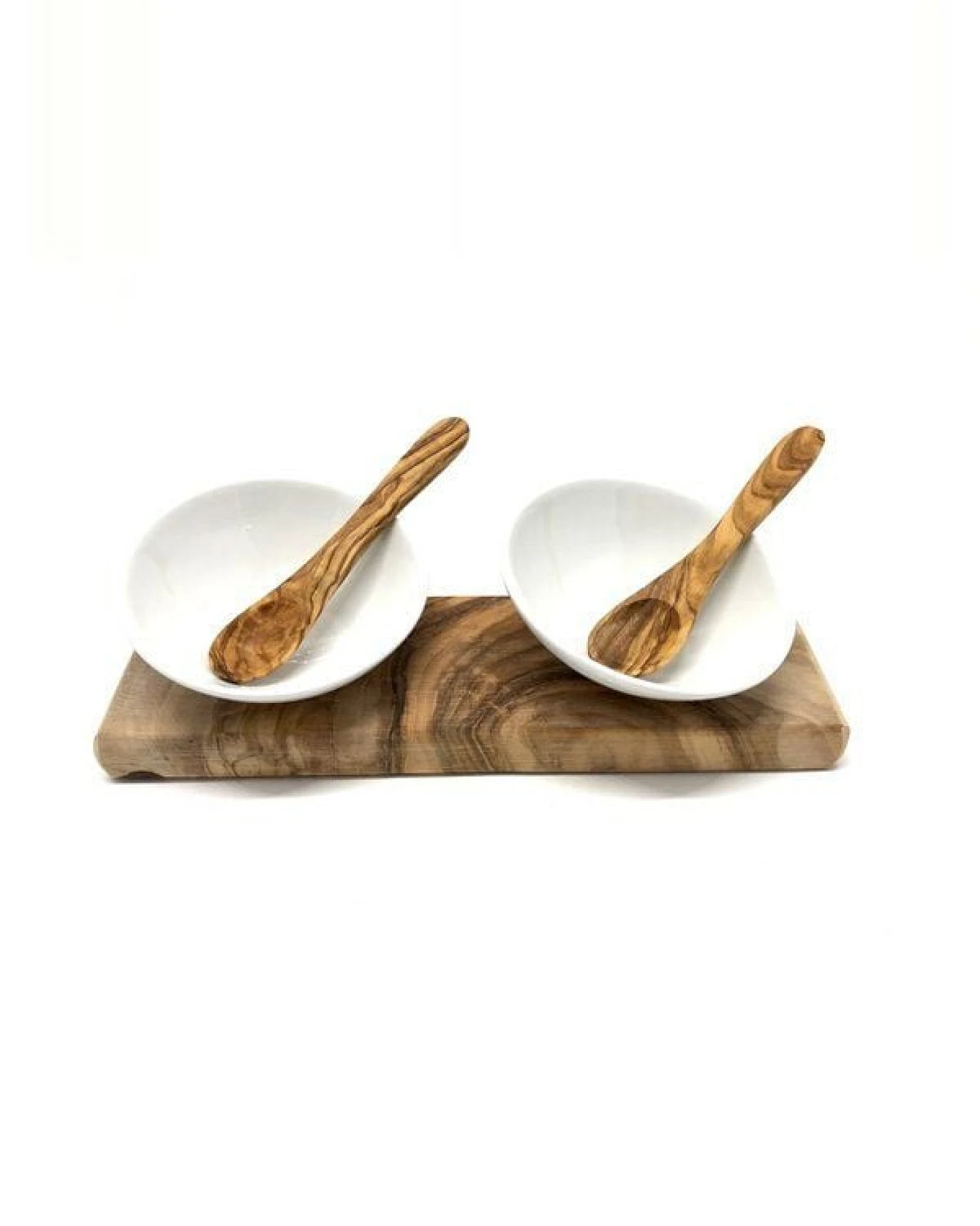 Olivenholz erleben Dipschalenset DESIGN Porzellan schräg inkl. 2 Löffel aus Olivenholz – Ansicht 2