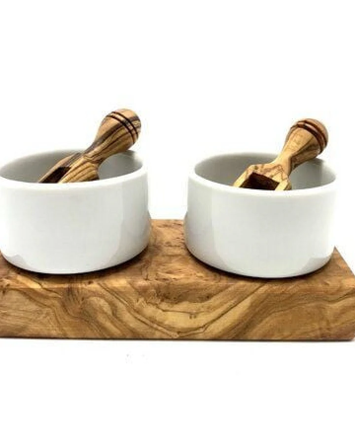 Olivenholz erleben Dipschälchen-Set Porzellan (ø 5,5 cm) inkl. 2 Schippchen aus Olivenholz