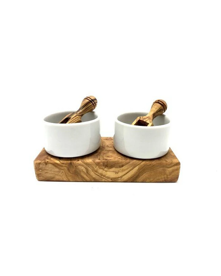 Olivenholz erleben Dipschälchen-Set Porzellan (ø 5,5 cm) inkl. 2 Schippchen aus Olivenholz