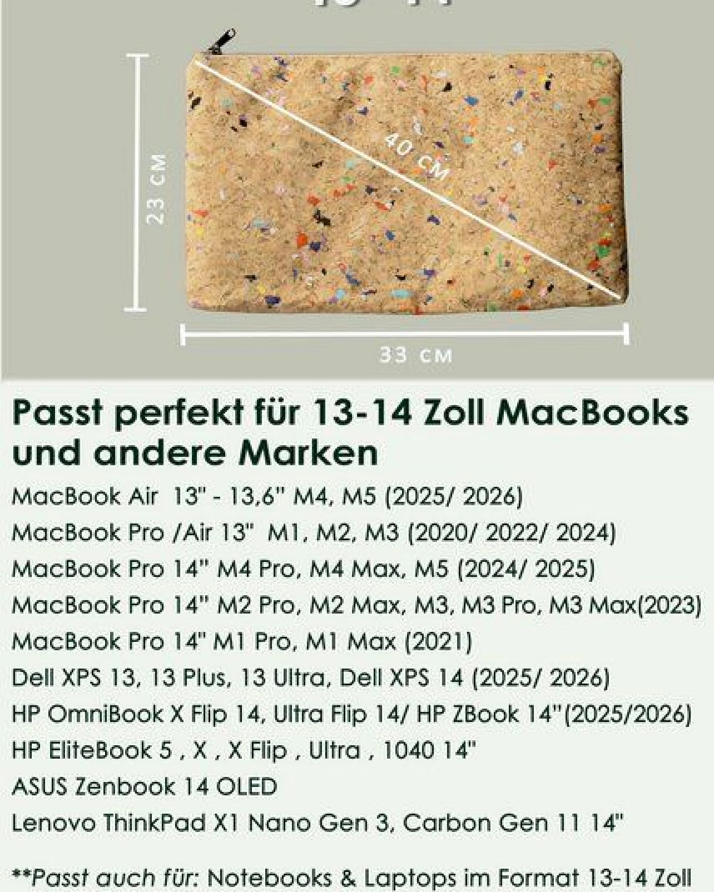 BY COPALA Gefütterte 13–14 Zoll Kork Laptoptasche – Nachhaltige vegane Hülle, wasserabweisende handgefertigte Tasche mit Zipper für MacBook Air / Pro & Notebooks - Farb-Akzenten – Ansicht 2