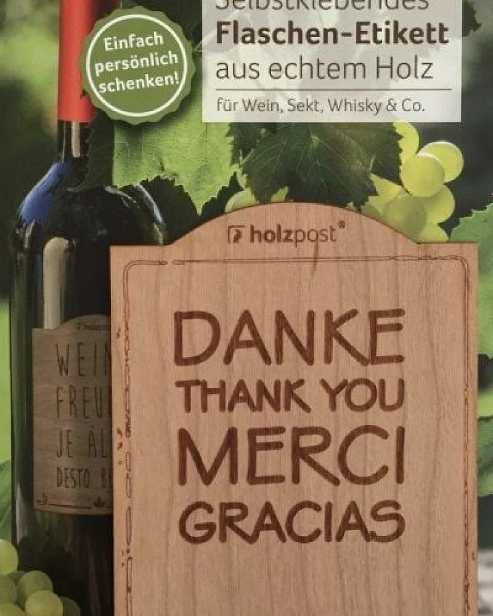 holzpost Flaschen-Etikett aus Holz