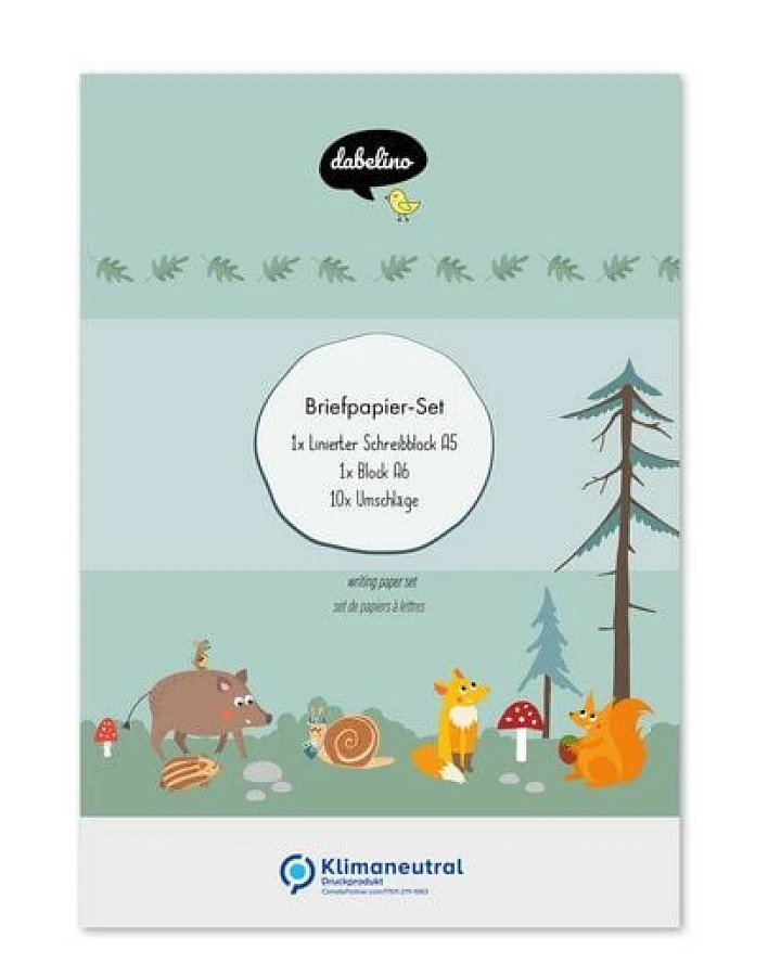 dabelino Kinder-Briefpapier-Set: Waldtiere (Fuchs, Eichhörnchen) - A5, liniert mit Umschlägen + Malblock (für Jungen, Mädchen, grün)